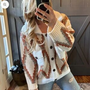 A.Peach Montana Native Knit Sherpa Sweater Jacket Knit Jacket  Sherpa Collar Lg